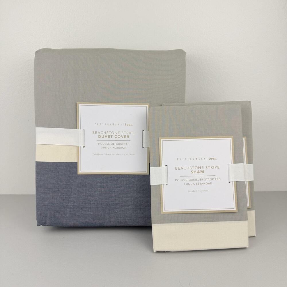 Pottery Barn Teen Beachstone Stripe Duvet Cover FULL/QUEEN & 2 STD Shams Gray